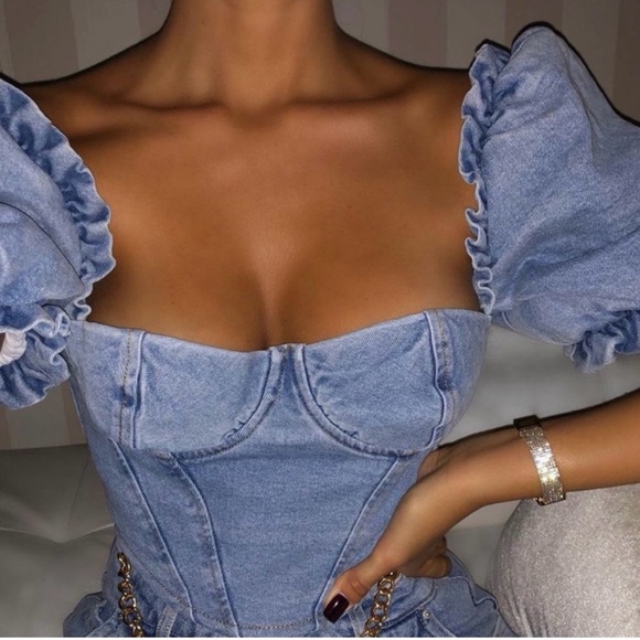 New NWOT HOCB Denim Corset Balloon Sleeve Top Small - Picture 2 of 3